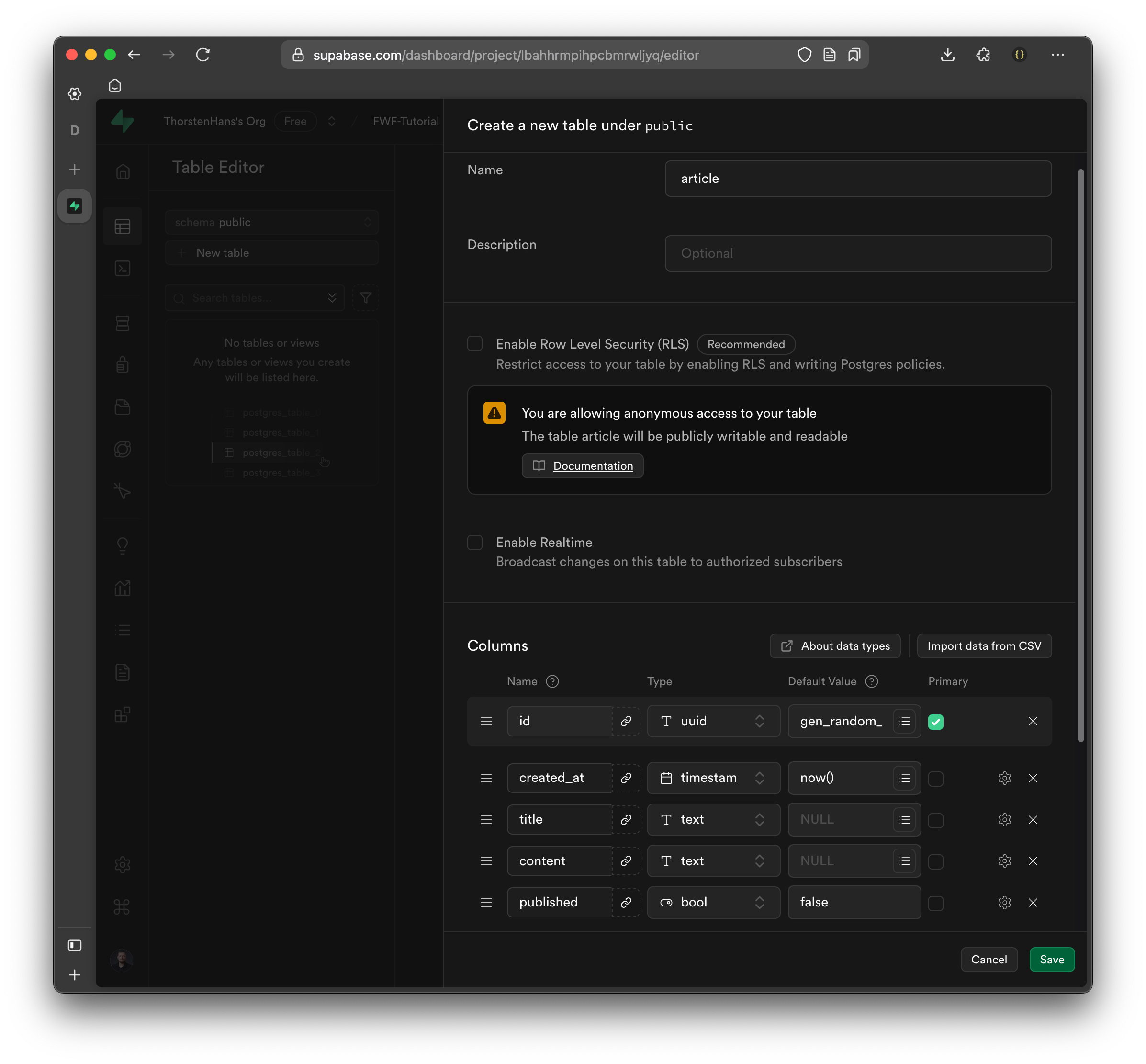 Table Creation on Supabase